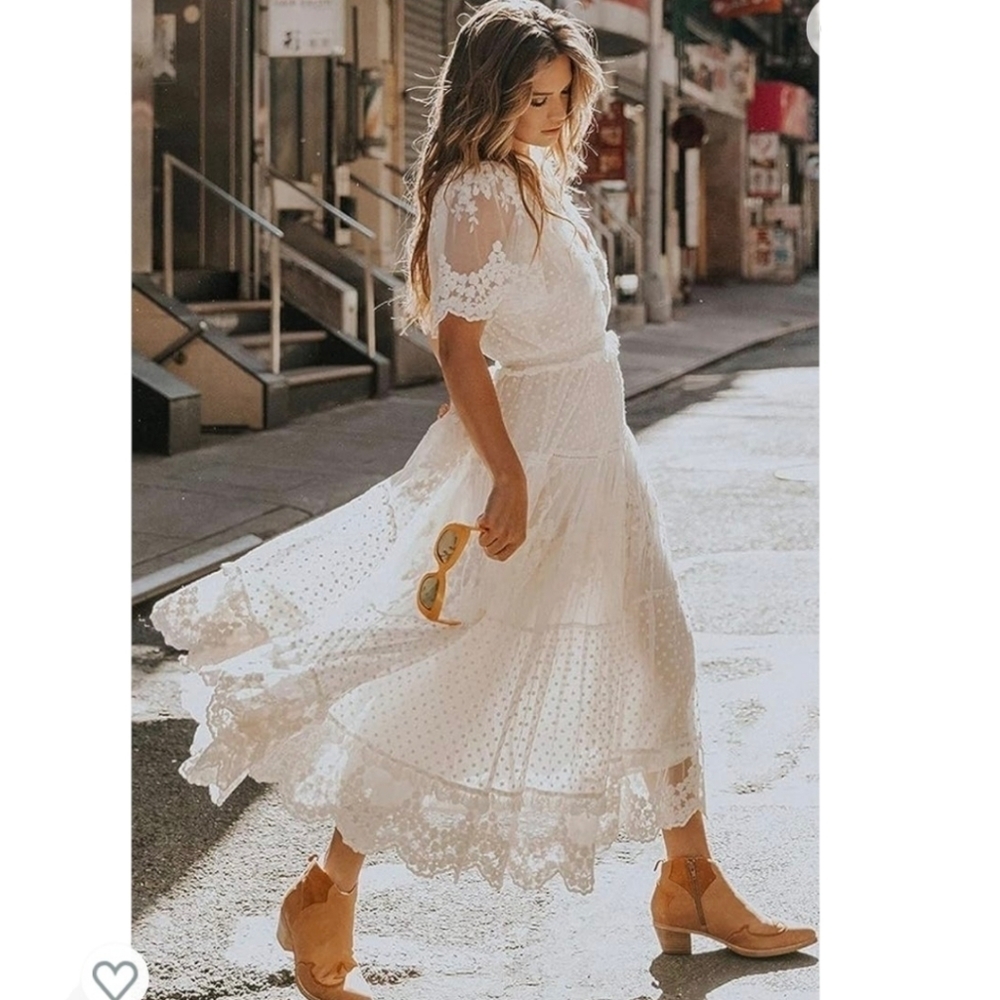 Deep V-Neck Floral Lace Swiss Dot Boho Style Maxi Gown Size Large